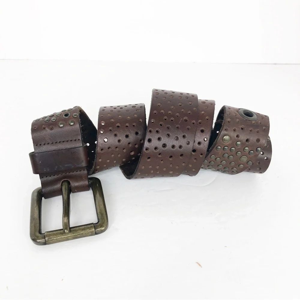 Brown leather, eyelet, studded, chunky hardware belt